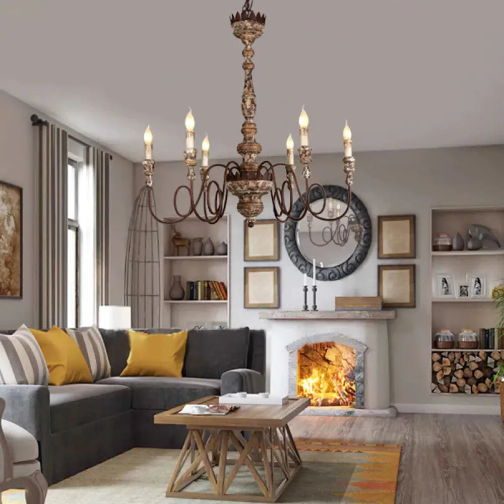 Candle Wooden Pendant Lighting Traditional 6 - Bulb Living Room Chandelier Light With Swirling Arm