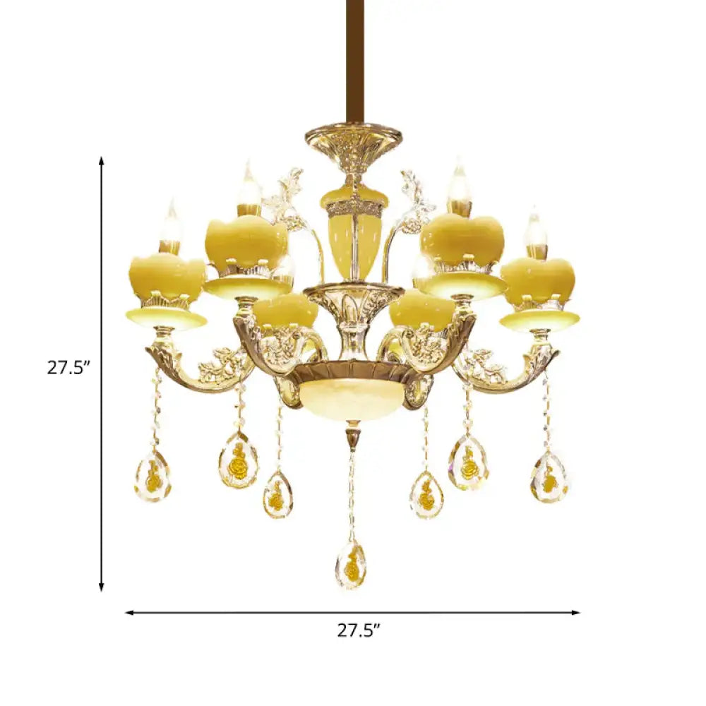 Candlestick Bedroom Hanging Light Mid Century Jade 6 Lights Gold Chandelier With Crystal Draping