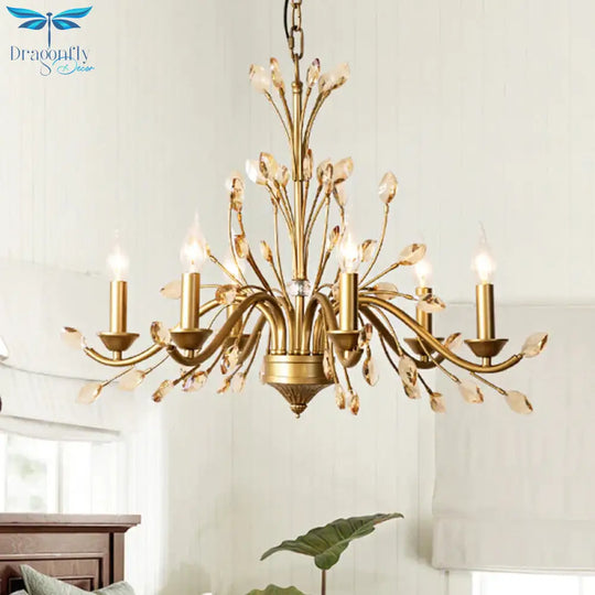 Candlestick Bedroom Pendant Light Vintage Metal 6 Bulbs Gold Chandelier With Crystal Decor