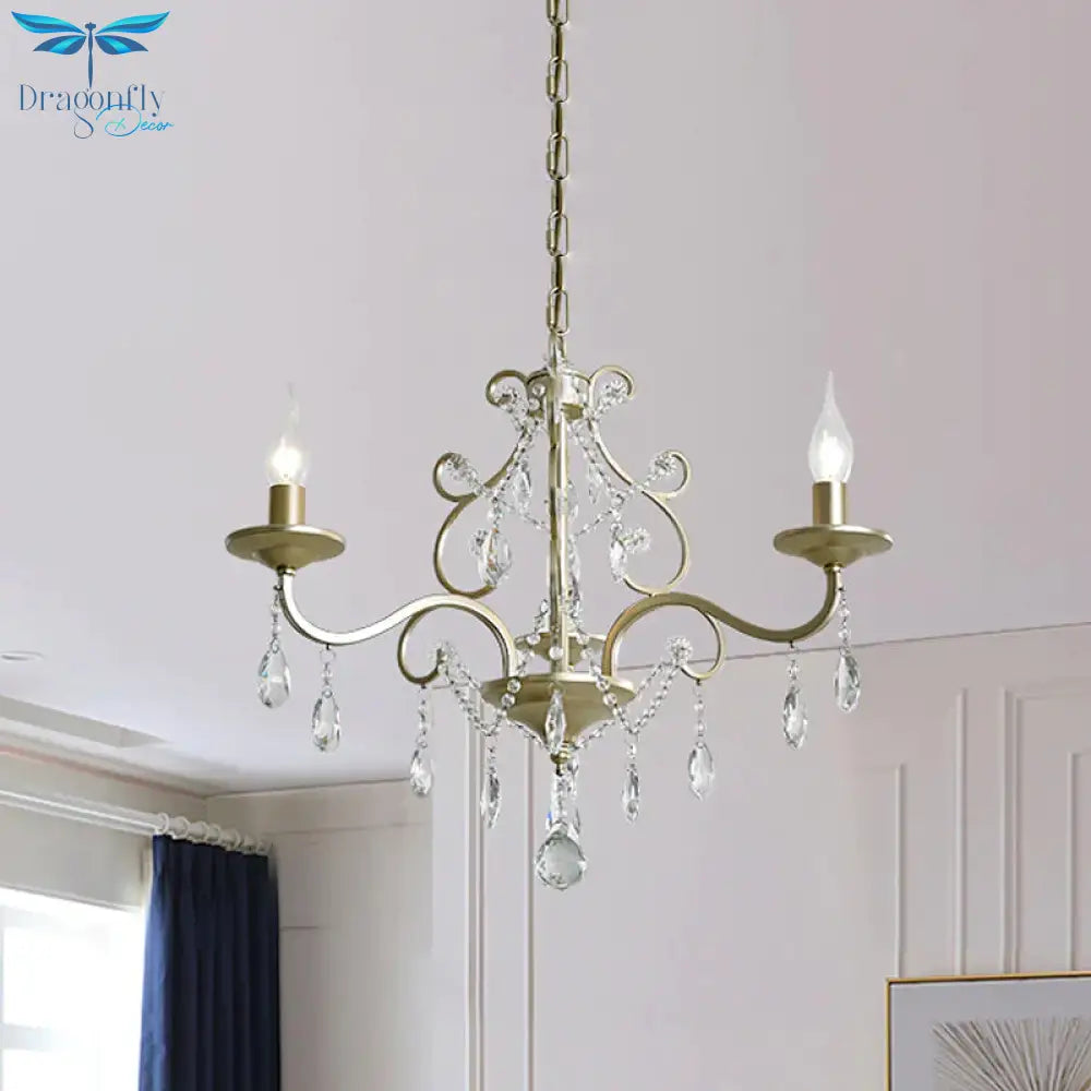 Candlestick Crystal Drip Ceiling Pendant Light Traditional 3 Lights Guest Room Chandelier In Gold