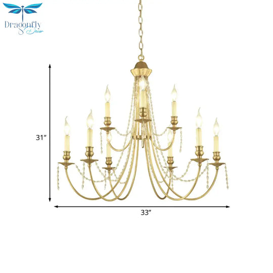 Candlestick Hanging Light Kit Countryside Crystal Swag 9 Lights Gold Finish Chandelier Lamp Fixture