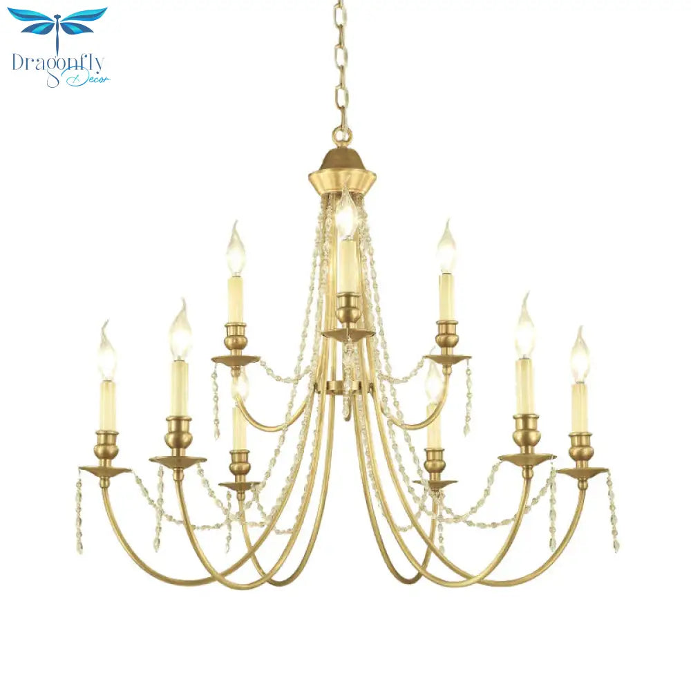 Candlestick Hanging Light Kit Countryside Crystal Swag 9 Lights Gold Finish Chandelier Lamp Fixture