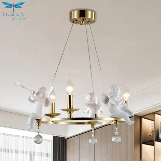 Candlestick Metallic Ceiling Pendant Nordic 3 - Bulb Gold Hanging Chandelier With Angel Deco