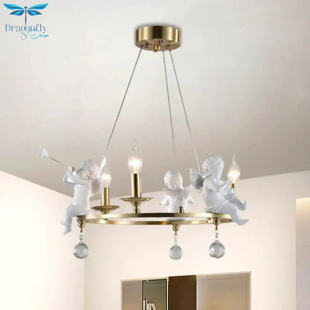 Candlestick Metallic Ceiling Pendant Nordic 3 - Bulb Gold Hanging Chandelier With Angel Deco