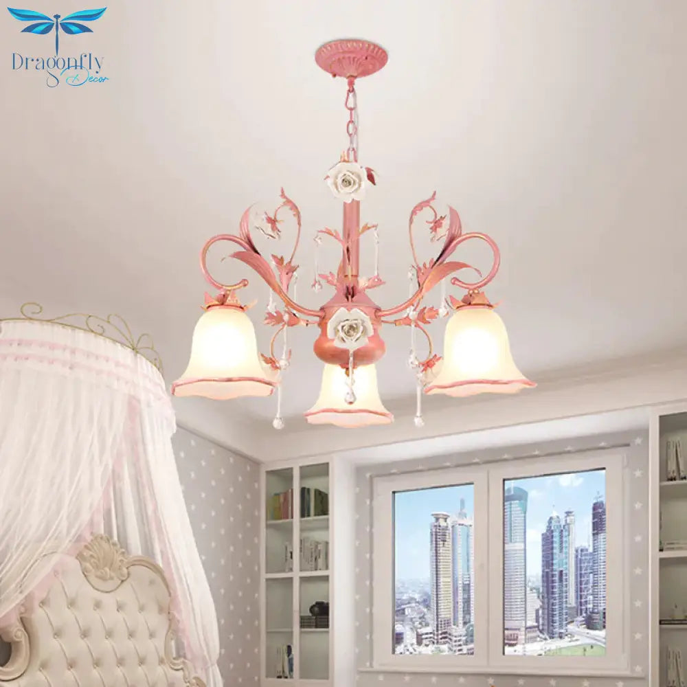 Carillon Milky Glass Hanging Pendant Pastoral 3/5 Lights Bedroom Chandelier Lighting With Pink