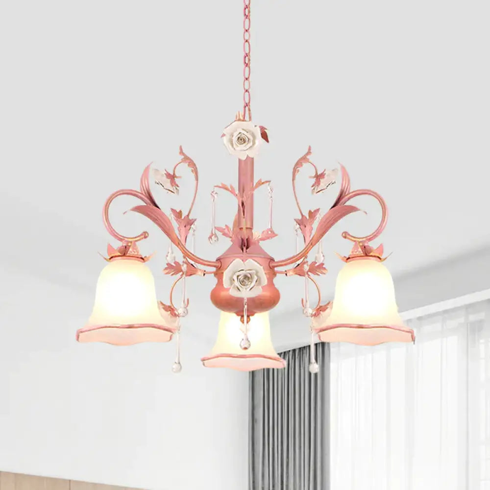 Carillon Milky Glass Hanging Pendant Pastoral 3/5 Lights Bedroom Chandelier Lighting With Pink