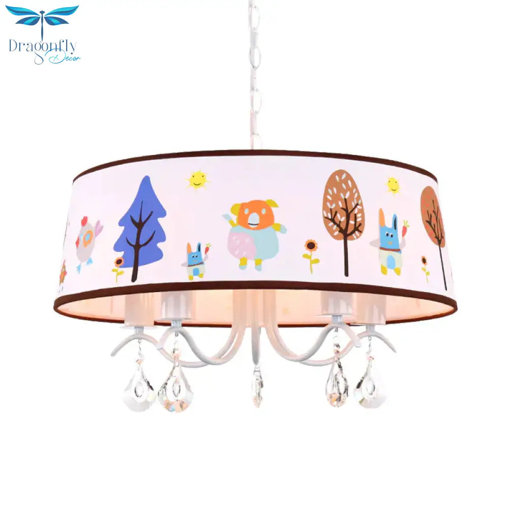 Cartoon 3/5 Heads Chandelier White Drum Pendant With Forest Pattern Fabric Shade And Crystal Drop