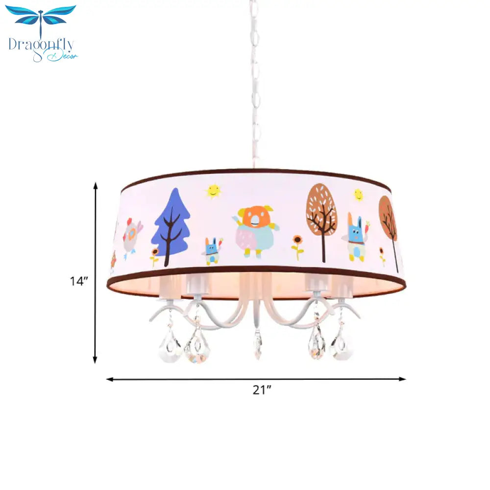 Cartoon 3/5 Heads Chandelier White Drum Pendant With Forest Pattern Fabric Shade And Crystal Drop