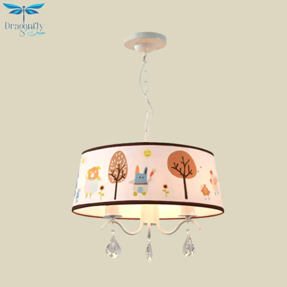 Cartoon 3/5 Heads Chandelier White Drum Pendant With Forest Pattern Fabric Shade And Crystal Drop
