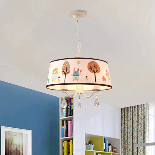 Cartoon 3/5 Heads Chandelier White Drum Pendant With Forest Pattern Fabric Shade And Crystal Drop 3