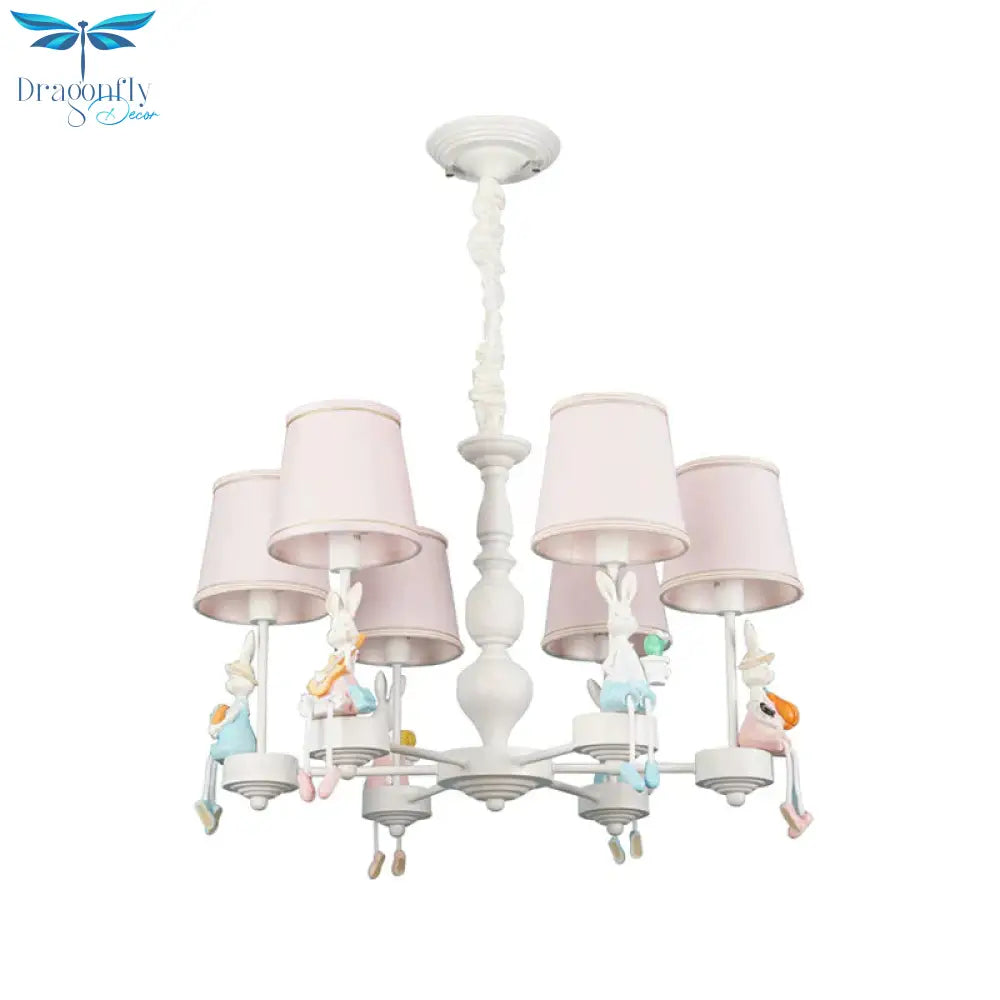 Cartoon Rabbit Resin Pendant Chandelier Kids 5 - Head White Hanging Lamp With Tapered Fabric Shade