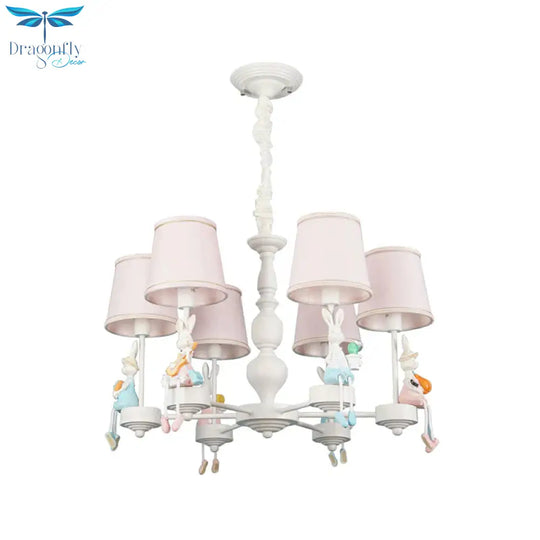 Cartoon Rabbit Resin Pendant Chandelier Kids 5 - Head White Hanging Lamp With Tapered Fabric Shade