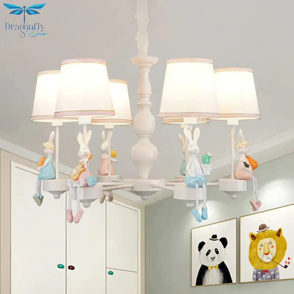 Cartoon Rabbit Resin Pendant Chandelier Kids 5 - Head White Hanging Lamp With Tapered Fabric Shade
