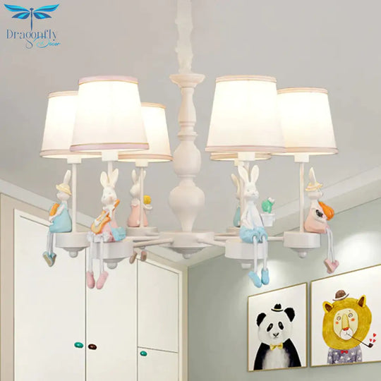Cartoon Rabbit Resin Pendant Chandelier Kids 5 - Head White Hanging Lamp With Tapered Fabric Shade