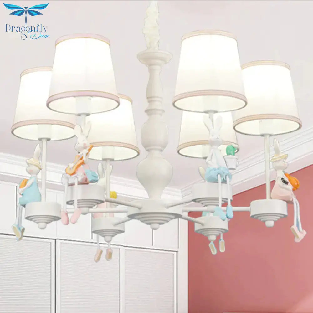 Cartoon Rabbit Resin Pendant Chandelier Kids 5 - Head White Hanging Lamp With Tapered Fabric Shade