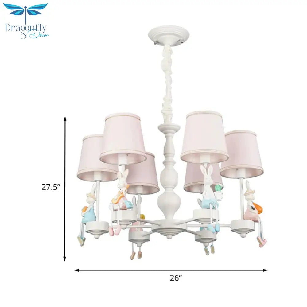 Cartoon Rabbit Resin Pendant Chandelier Kids 5 - Head White Hanging Lamp With Tapered Fabric Shade