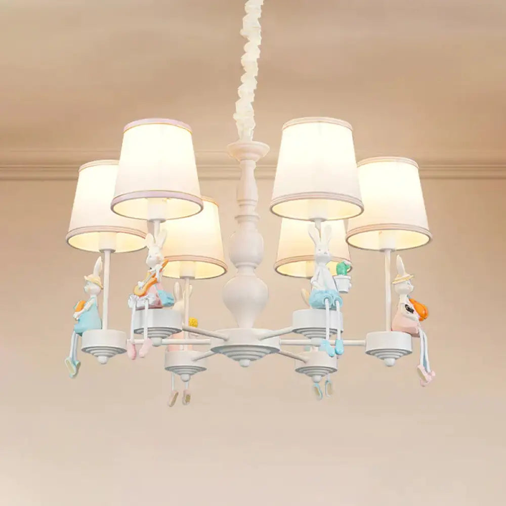 Cartoon Rabbit Resin Pendant Chandelier Kids 5 - Head White Hanging Lamp With Tapered Fabric Shade