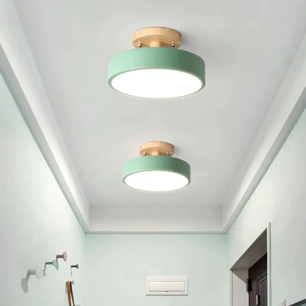 Ceiling Lamp Balcony Wood Round Lighting Green / 18Cm Trichromatic Light