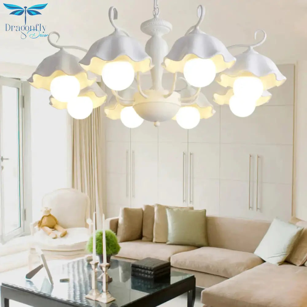 Ceramic White Pendant Lamp Flower 3/6/8 Lights Classic Chandelier Light Fixture For Living Room