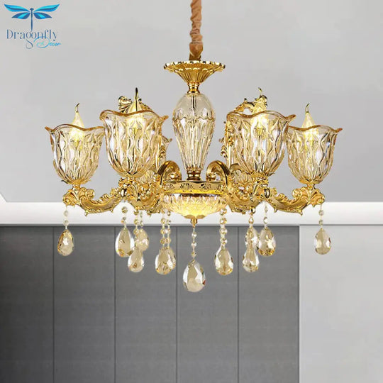 Champagne 6/8 Heads Chandelier Modernism Amber Crystal Flower Hanging Light Fixture With Carved Arm