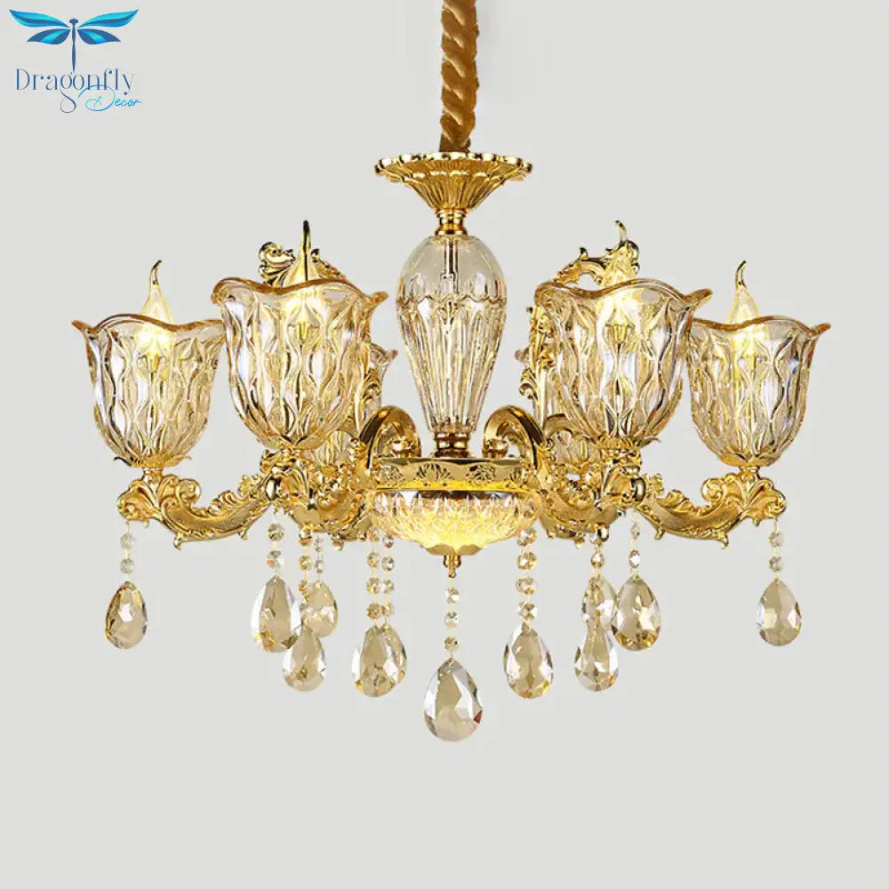 Champagne 6/8 Heads Chandelier Modernism Amber Crystal Flower Hanging Light Fixture With Carved Arm