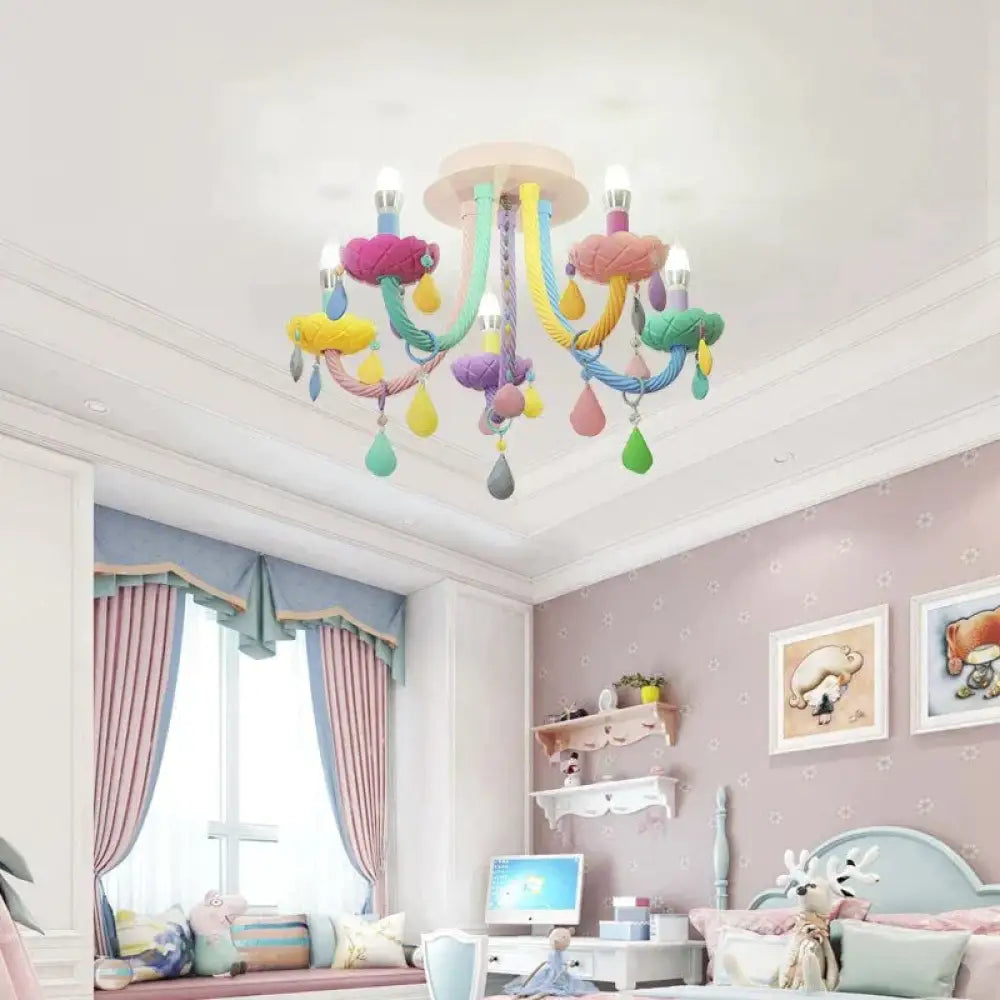 Chandelier Children’s Room Macaron Crystal Bedroom Lamp Boy And Girl Personality Lighting 6 Heads