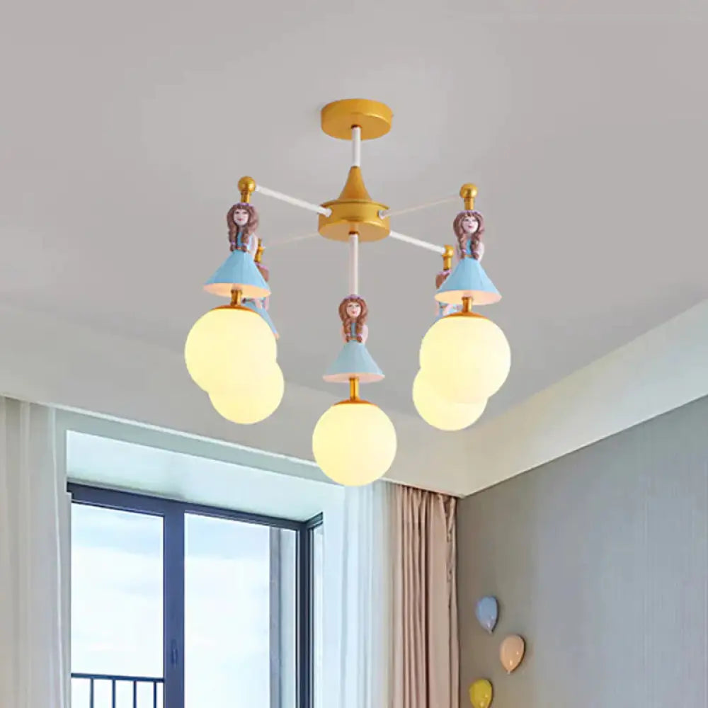 Child Bedroom Little Girls Chandelier With Globe Shade Wood 5 Lights Kids Pendant Light