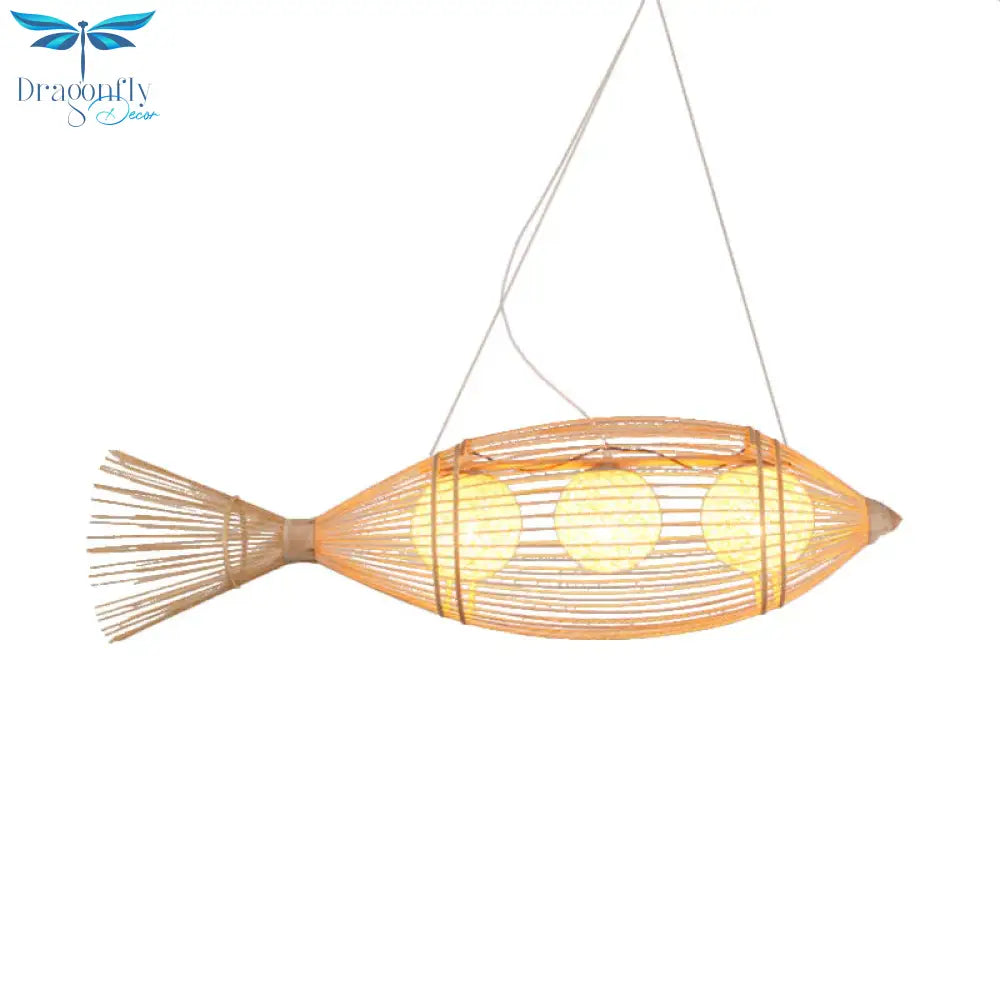 Chinese Fish Shaped Pendant Lamp Bamboo 3 Lights Bistro Chandelier With Ball Shade Inside In Wood