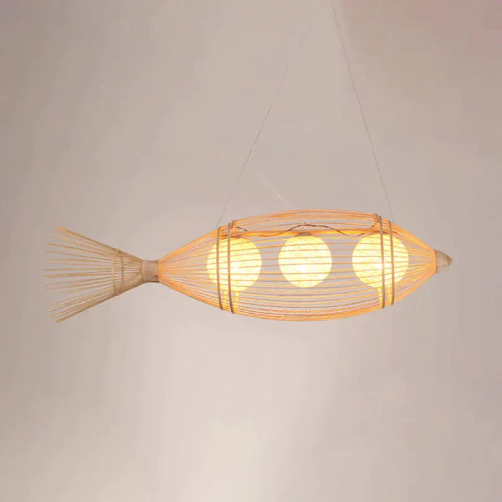Chinese Fish Shaped Pendant Lamp Bamboo 3 Lights Bistro Chandelier With Ball Shade Inside In Wood