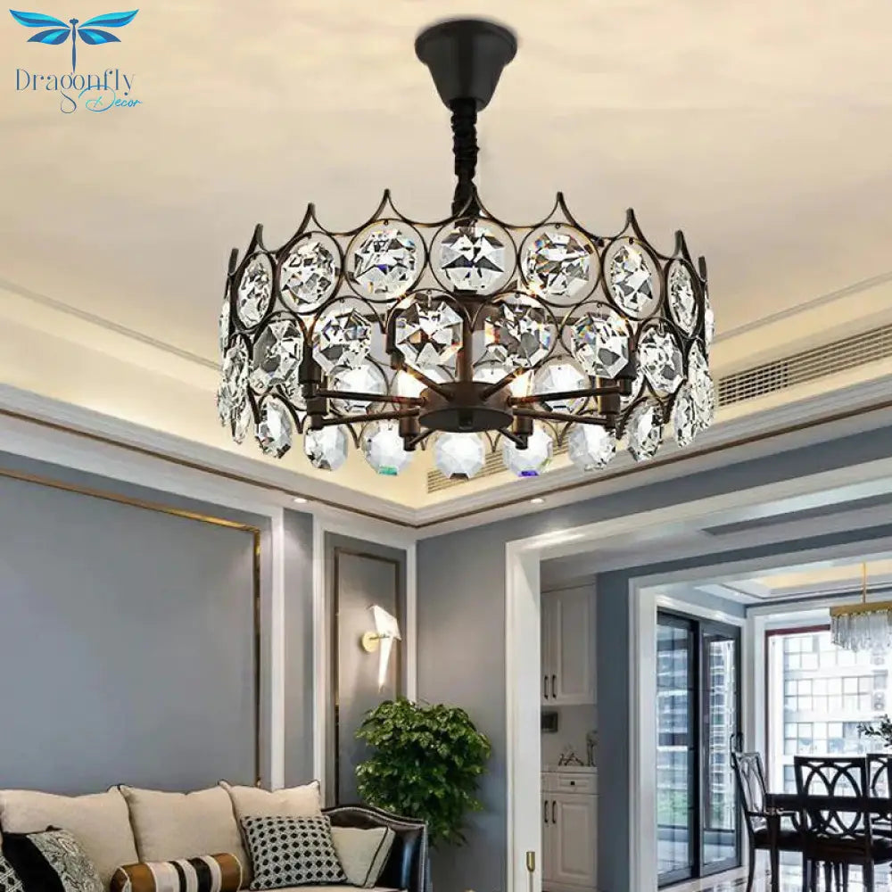 Circle Beveled Crystal Chandelier Traditional 6 Lights Living Room Hanging Ceiling Light In Black