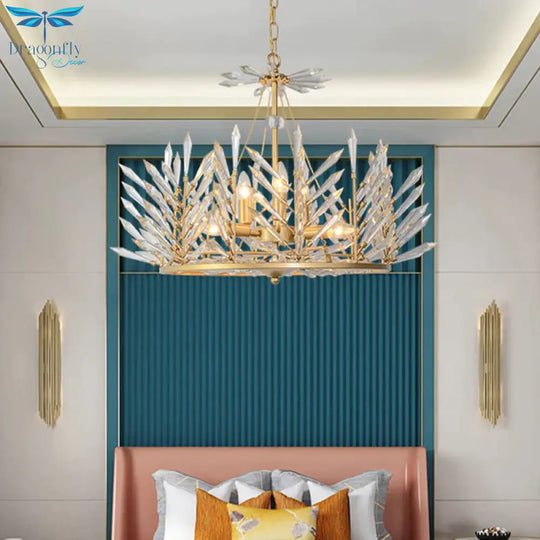 Circular Crystal Chandelier Pendant Light Rustic 6/8 Lights Bedroom Suspension Lamp In Gold