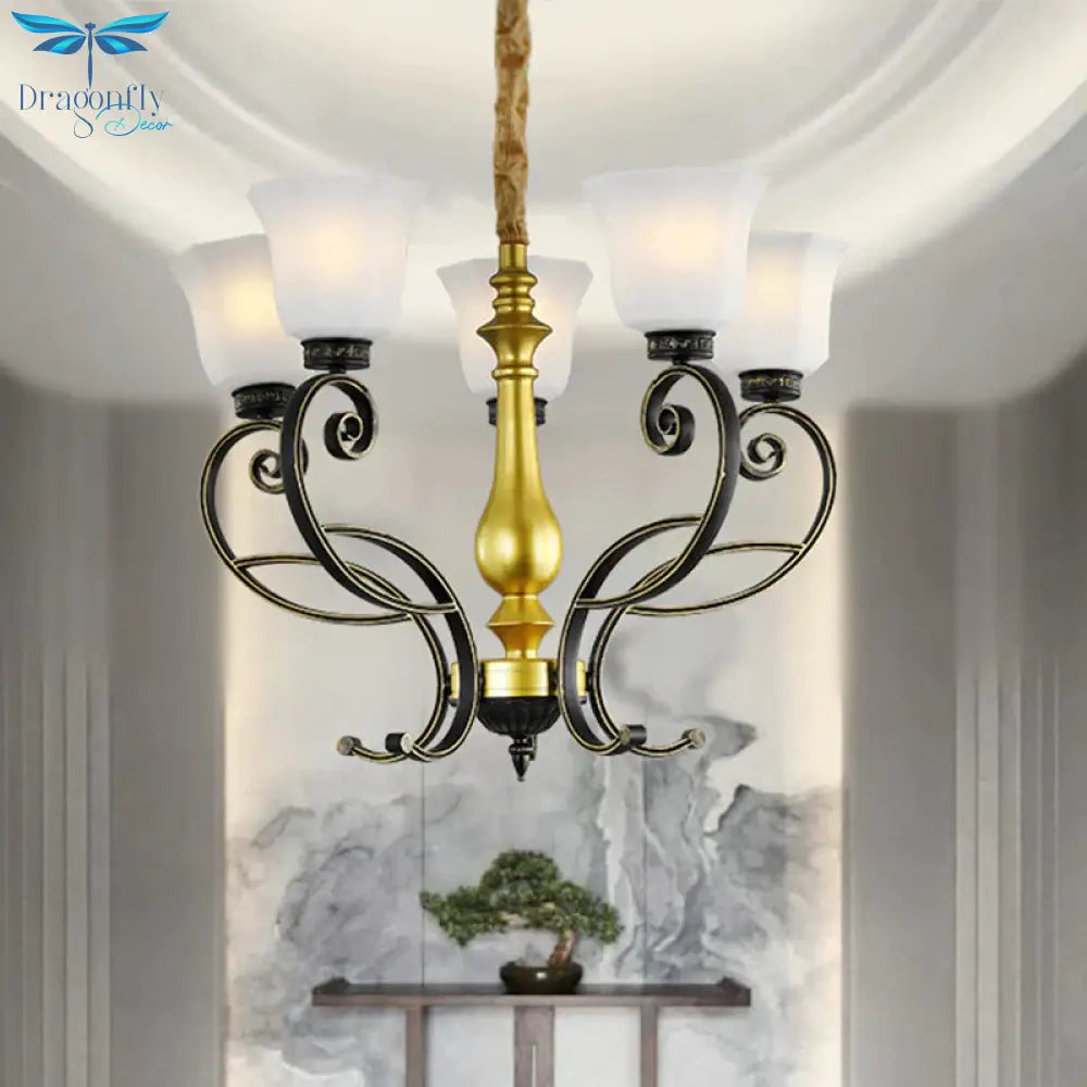 Classic Bell Ceiling Chandelier 5 - Bulb Opal Glass Pendant In Black And Gold With Scrolling Arm