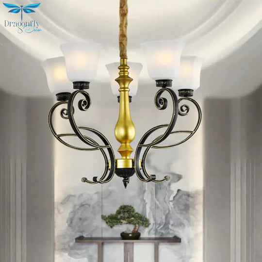 Classic Bell Ceiling Chandelier 5 - Bulb Opal Glass Pendant In Black And Gold With Scrolling Arm