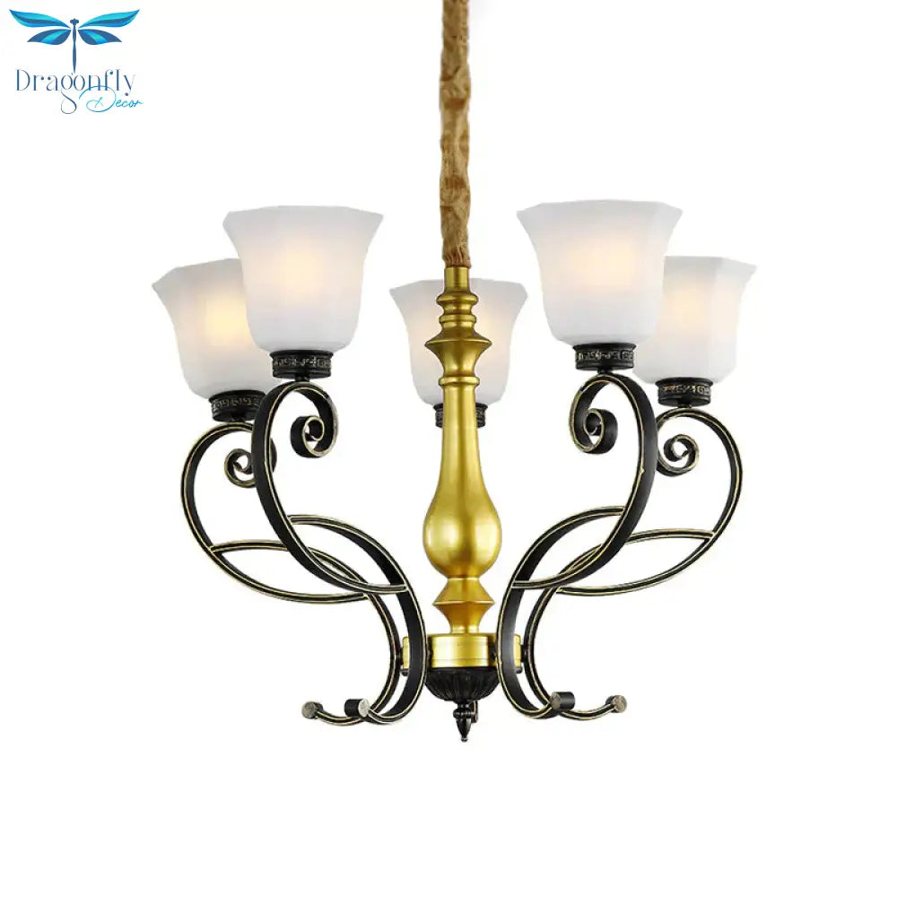 Classic Bell Ceiling Chandelier 5 - Bulb Opal Glass Pendant In Black And Gold With Scrolling Arm