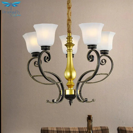 Classic Bell Ceiling Chandelier 5 - Bulb Opal Glass Pendant In Black And Gold With Scrolling Arm