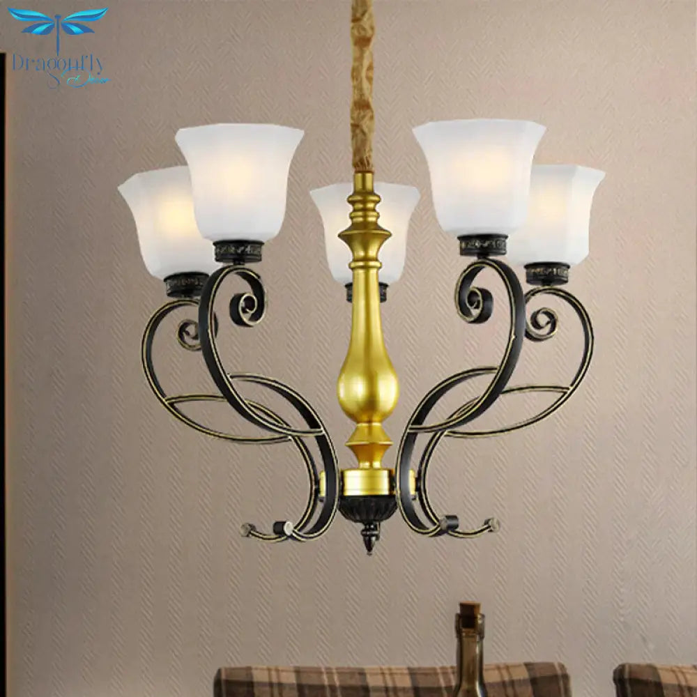 Classic Bell Ceiling Chandelier 5 - Bulb Opal Glass Pendant In Black And Gold With Scrolling Arm