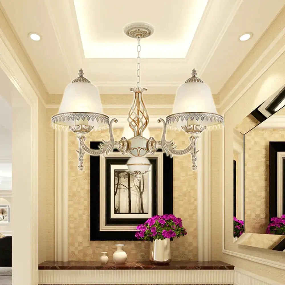 Classic Bell Shaped Pendant Lighting 3 - Head Opaline Glass Chandelier In White For Living Room