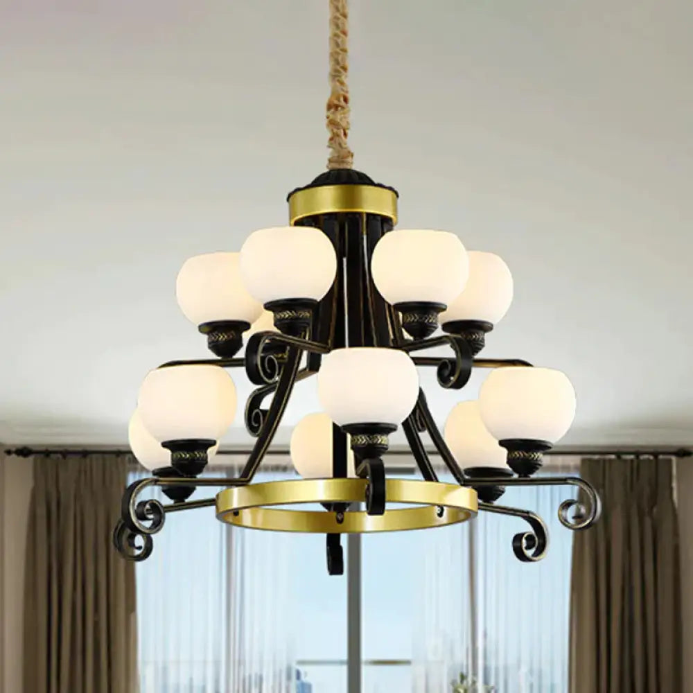 Classic Black Frosted 12 Bulbs 2 - Tier Glass Ceiling Chandelier For Living Room