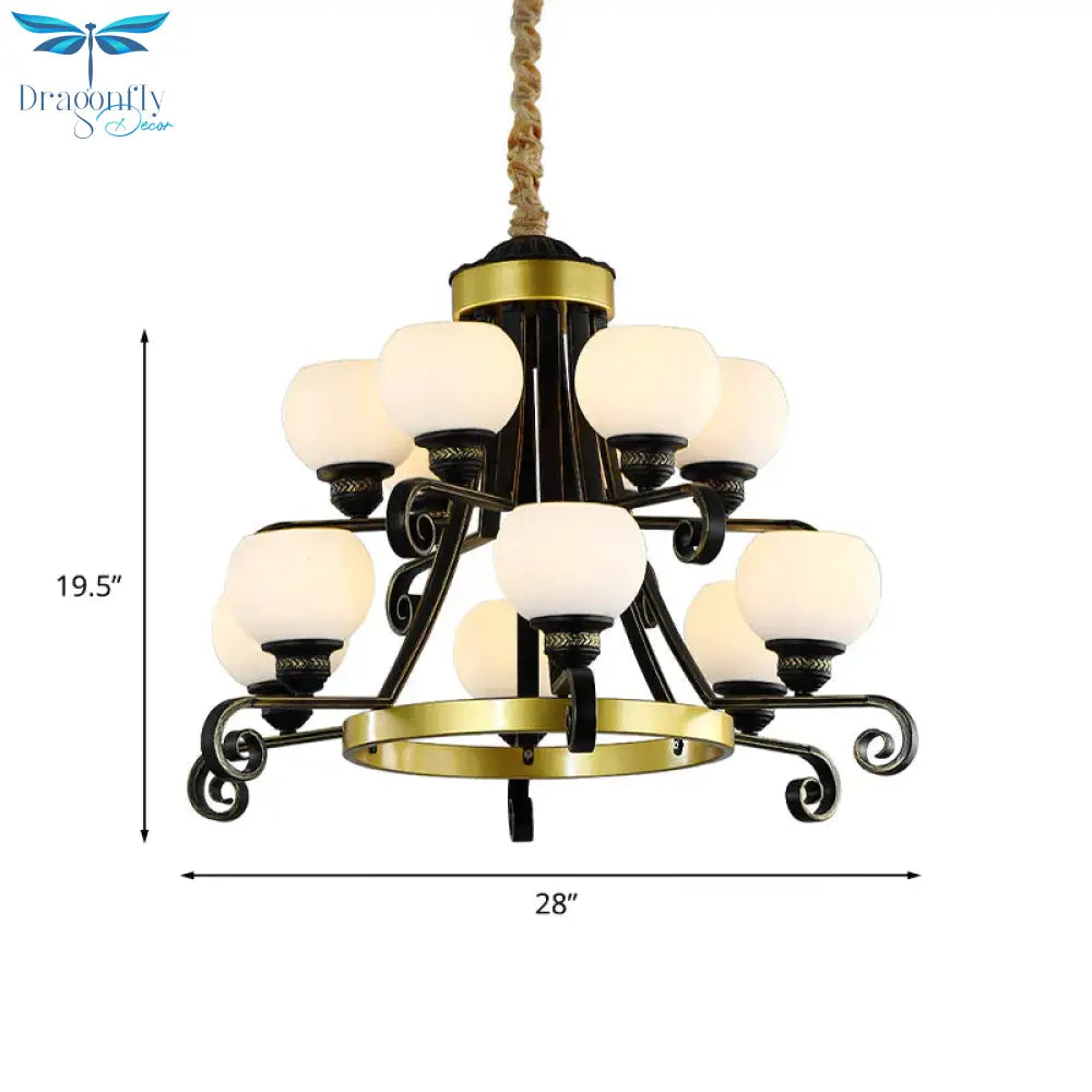 Classic Black Frosted 12 Bulbs 2 - Tier Glass Ceiling Chandelier For Living Room