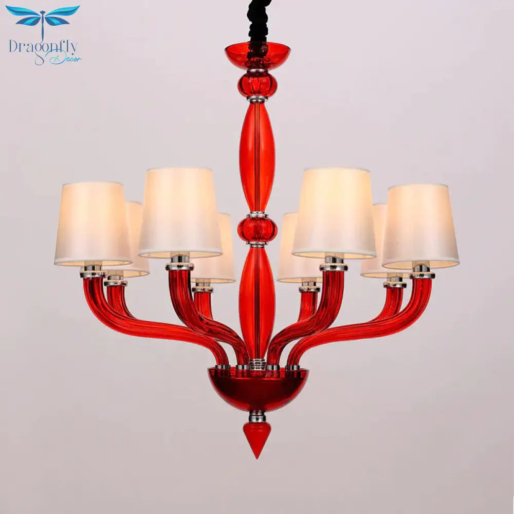 Classic Chandelier With 12 Bulbs In White/Red/Blue Glass Hanging Pendant Light Cone Fabric Shade