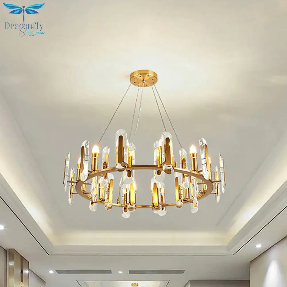 Classic Circle Ceiling Pendant Light 12 Bulbs Crystal Chandelier Lighting Fixture In Gold
