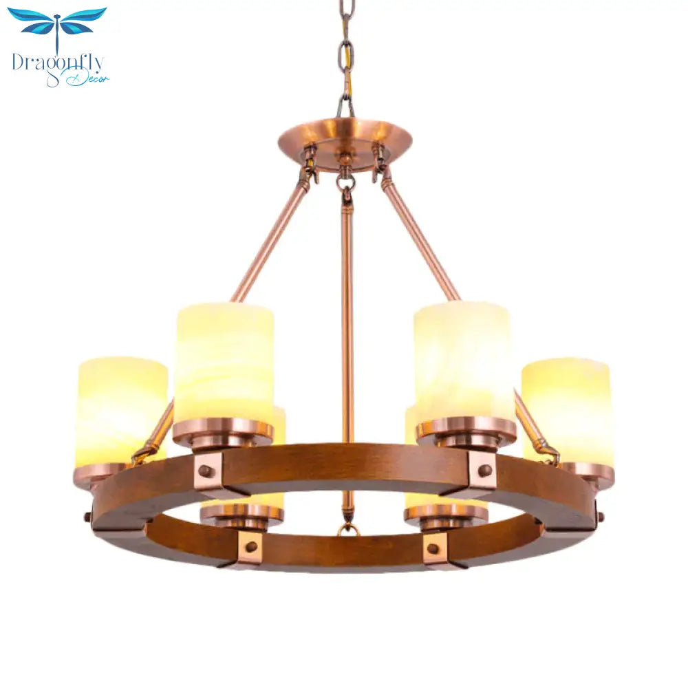 Classic Cylinder Chandelier Light 6/8/10 Heads Marble Ceiling Pendant In Brown With Wood Circular