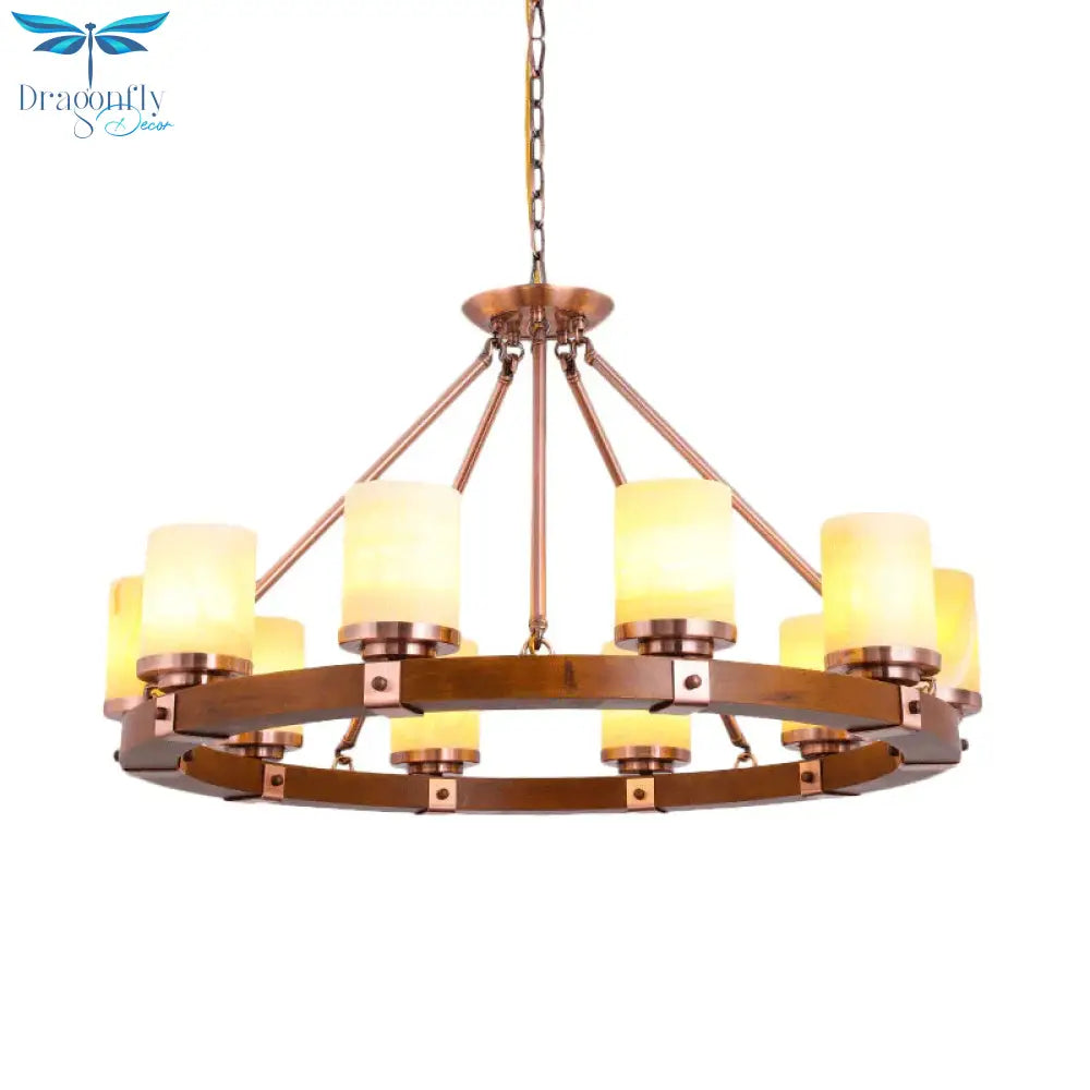 Classic Cylinder Chandelier Light 6/8/10 Heads Marble Ceiling Pendant In Brown With Wood Circular
