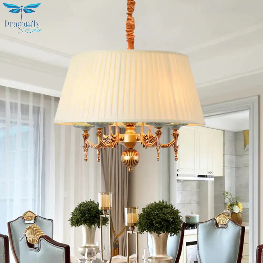 Classic Drum Hanging Chandelier 5 Lights Fabric Drop Pendant In White For Dining Room
