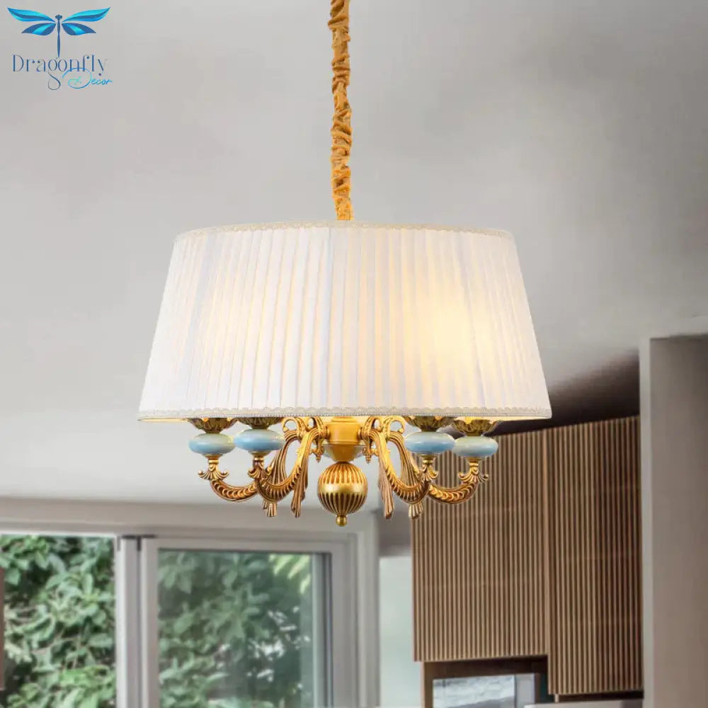 Classic Drum Hanging Chandelier 5 Lights Fabric Drop Pendant In White For Dining Room
