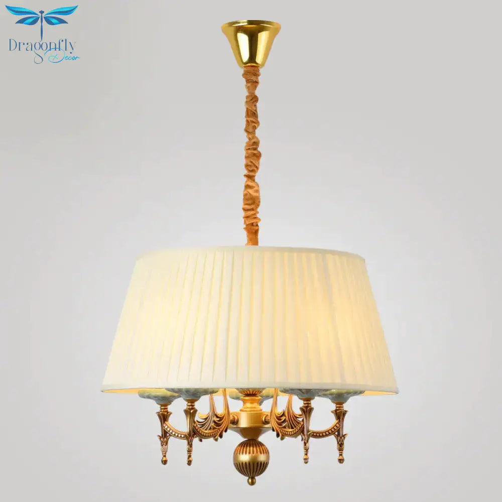 Classic Drum Hanging Chandelier 5 Lights Fabric Drop Pendant In White For Dining Room