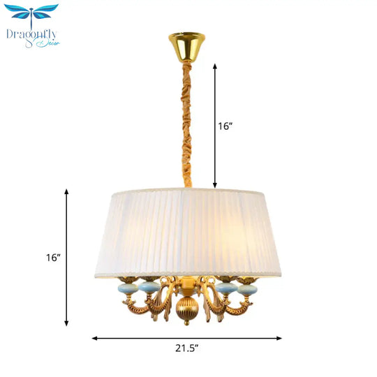 Classic Drum Hanging Chandelier 5 Lights Fabric Drop Pendant In White For Dining Room