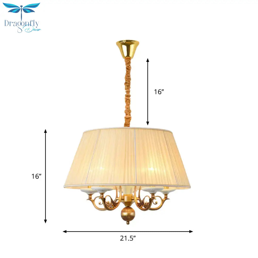Classic Drum Hanging Chandelier 5 Lights Fabric Drop Pendant In White For Dining Room