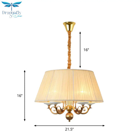 Classic Drum Hanging Chandelier 5 Lights Fabric Drop Pendant In White For Dining Room