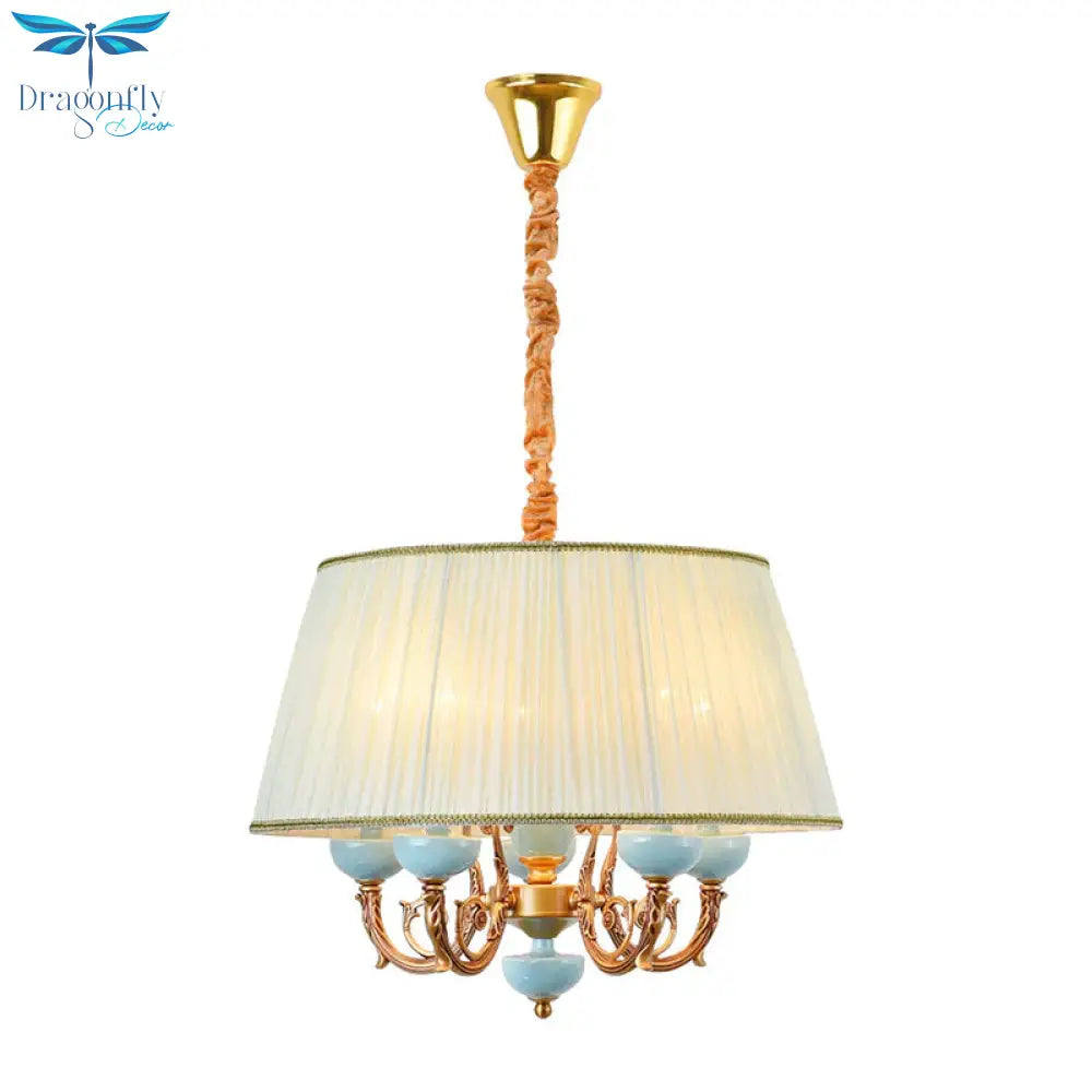 Classic Drum Hanging Chandelier 5 Lights Fabric Drop Pendant In White For Dining Room